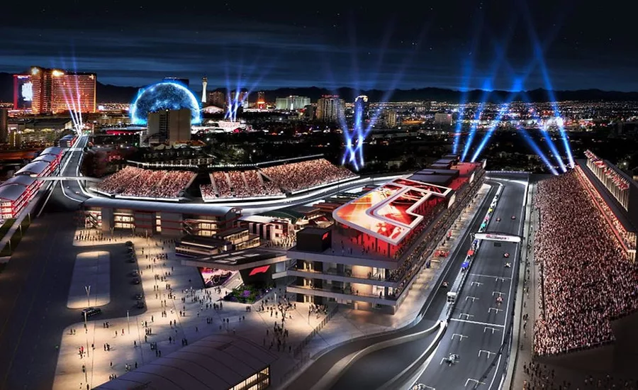 The paddock building (pictured) at Las Vegas' Grand Prix Plaza.