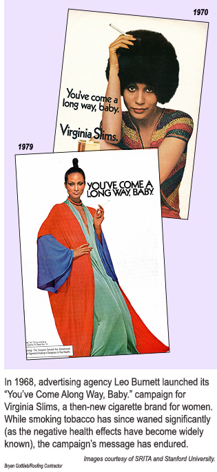Virginia-SIn 1968, advertising agency Leo Burnett developed its first tag line for Virginia Slims, a new cigarette marketed toward women. (Print ads from the 1970s featured.)