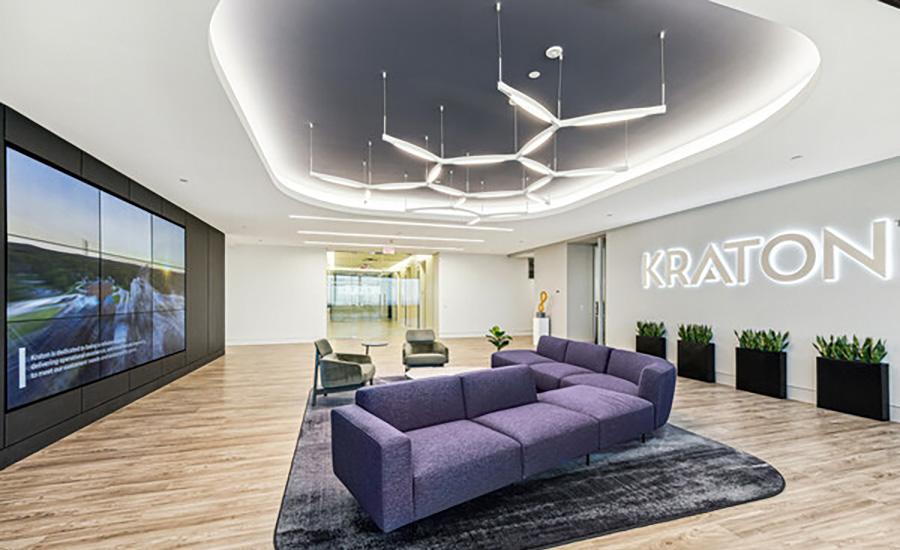 The lobby of Kraton’s new headquarters building in The Woodlands, Texas. (pictured)