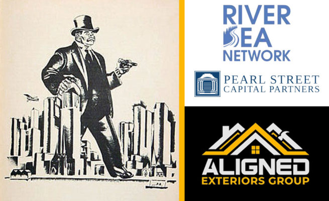 River Sea Network and Pearl Street Capital Partners form new residential roofing portfolio company called “Aligned Exteriors Group.” (Logos pictured.)