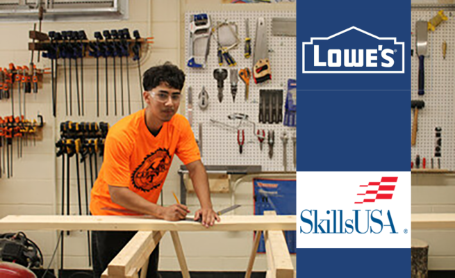 Bryan Merino (pictured) secured a carpentry job in North Carolina and shared his plans at a Lowe’s in North Carolina during SkillsUSA National Signing Day on May 7.