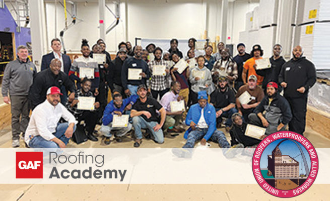 More than 30 trainees (pictured) learned the basics of the roofing trade at the GAF Roofing Academy hosted by Roofers and Waterproofers Local 2 in St. Louis.