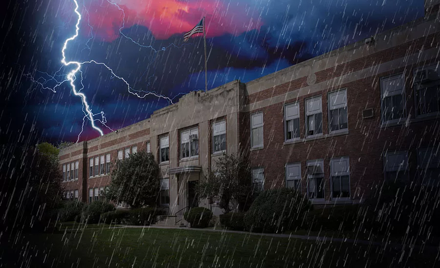 A Newton County school during a thunderstorm