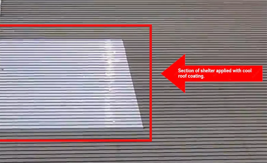 A section of shelter applied with cool roof coating.