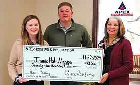 Apex Roofing & Restoration announced a charitable donation of $75,000 to the Jimmie Hale Mission, a nonprofit in Birmingham, Ala.