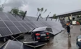 Heavy rains on Tuesday caused part of a shopping mall’s parking structure, which supported solar cells, to collapse. Mall officials reported no injuries, but over 80 cars were damaged.