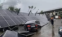 Heavy rains on Tuesday caused part of a shopping mall’s parking structure, which supported solar cells, to collapse. Mall officials reported no injuries, but over 80 cars were damaged.