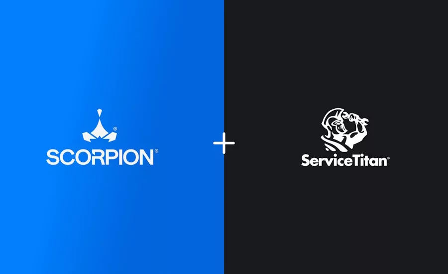Scorpion-ServiceTitan-logos-against-black-and-blue-background