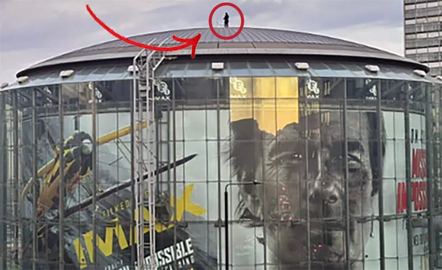 Actor Tom Cruise was filmed atop the BFI IMAX Building in London to promote “Mission Impossible — The Final Reckoning.”