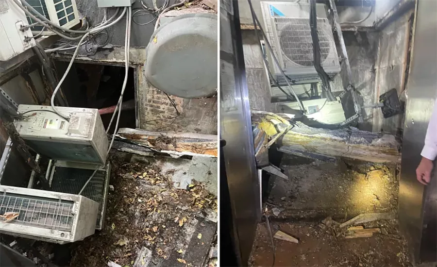 Images after a shed roof collapsed during unpermitted installation of a refrigeration unit at a former steak house in Brooklyn, N.Y.  Image: FDNY