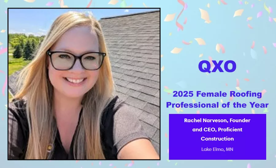 Rachel Narveson, founder and CEO of Proficient Construction, was named QXO’s 2025 North American Female Roofing Professional of the Year after a nationwide vote.