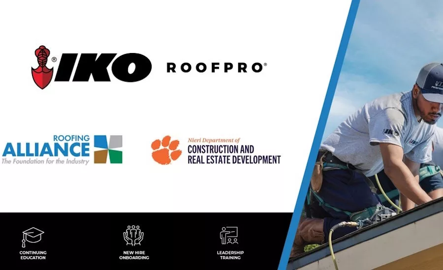IKO-Roofpro-Clemson-Roofing-Alliance-logos-with-roofer-installing-shingles