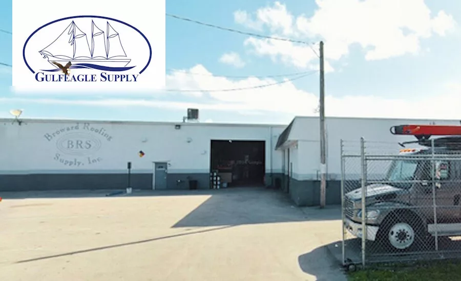 Broward-Roofing-Supply-exterior-with-crane-and-Gulfeagle-logo