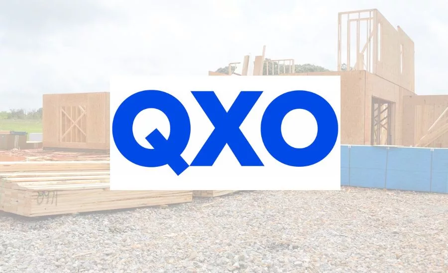 QXO logo overlayed on photo of a residential construction site