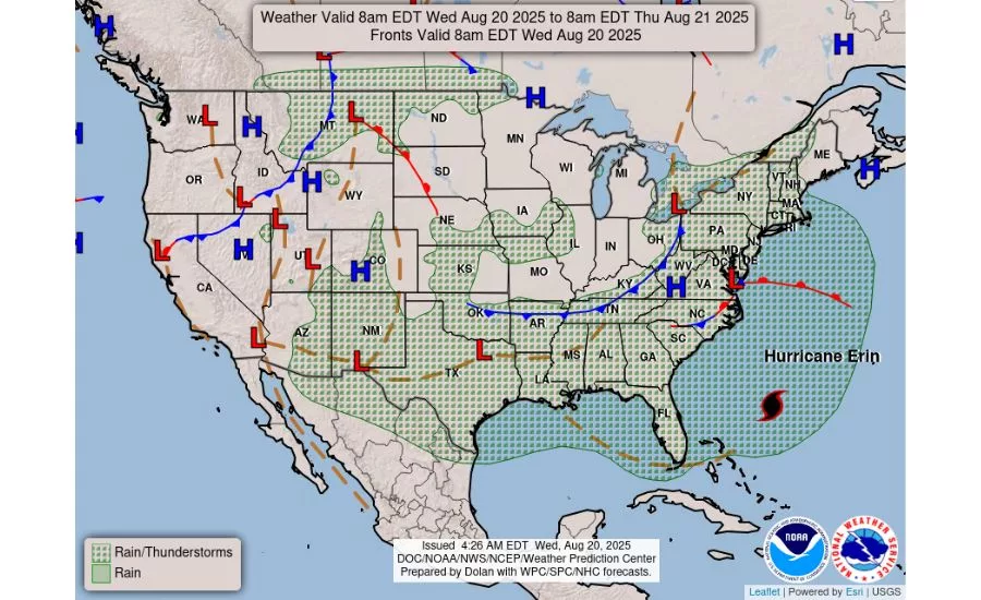 US map showing Hurricane Erin's impact