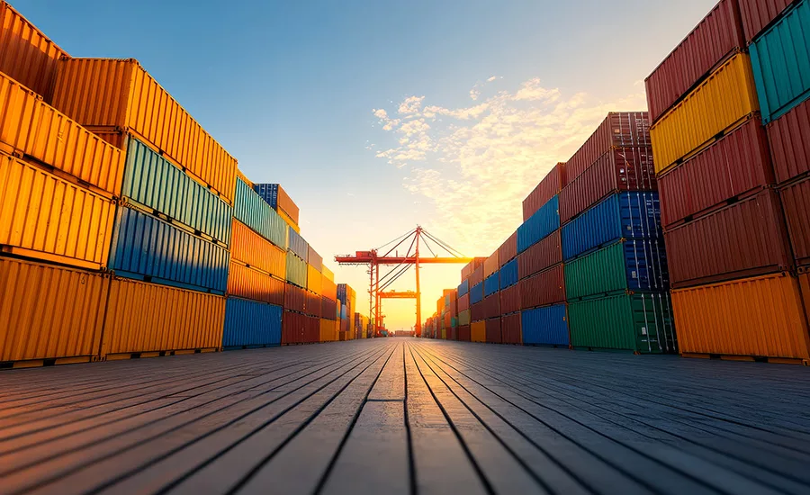 Several Stacks of containers at a shipping port. 