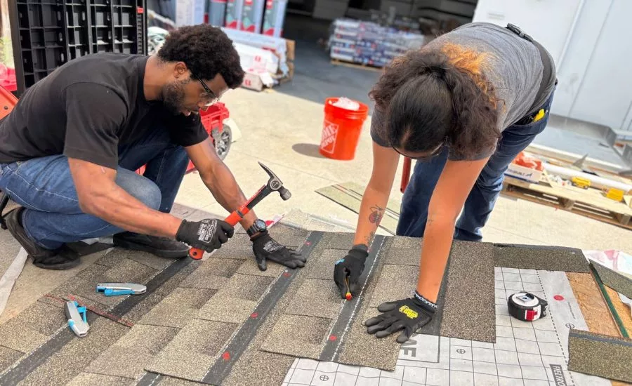 students installing shingles