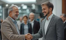 An older man and a younger man shaking hands