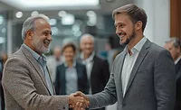 An older man and a younger man shaking hands