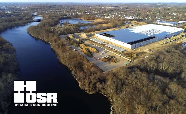 drone shot with logo