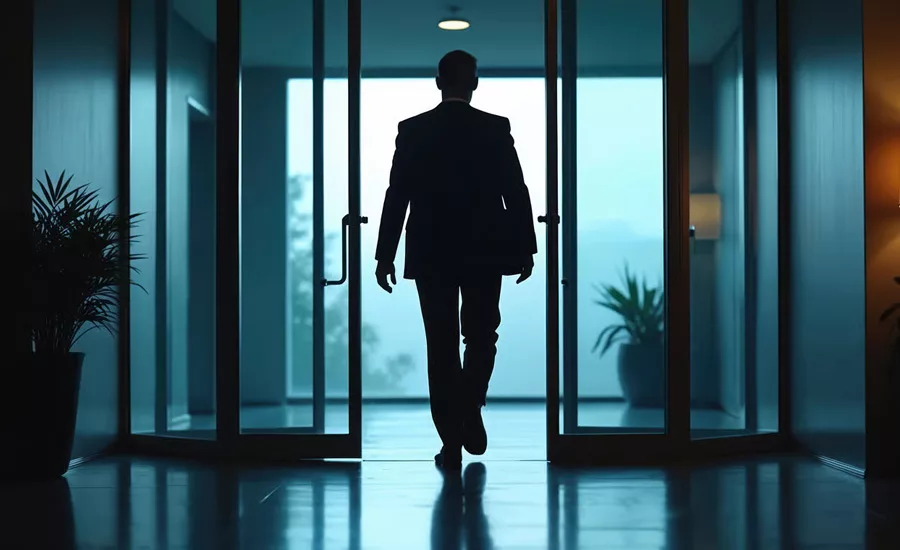 Walking Away from Your Business A silhouetted figure, probably male, backlit, leaving a buildng