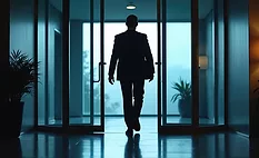 A silhouetted figure, probably male, backlit, leaving a buildng