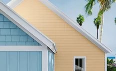 exterior siding in blue and yellow