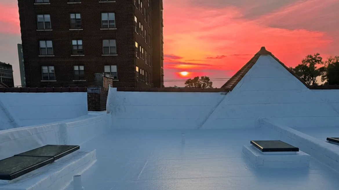 A completed high-performance enclosure (Gerhardt Apartments, St. Louis). sun sets in the background
