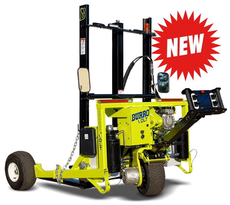 A new lime green BURRO VOLT electric towable lift/forklift with a black mast and wheels.