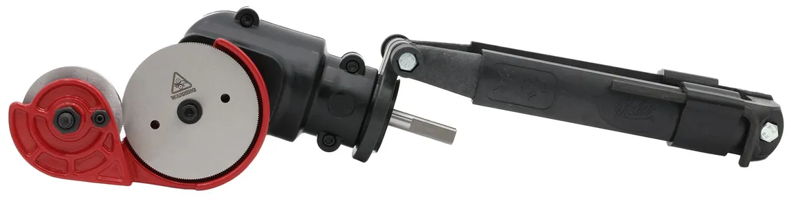 A red and black cable slitter with two circular blades and an articulated arm for stripping various cables.