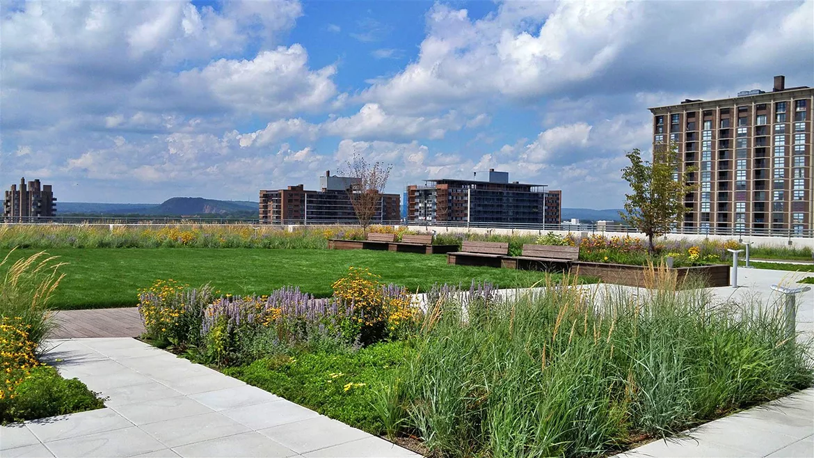 Rooftop garden with green lawn, flowerbeds, benches, and distant buildings under a cloudy sky.