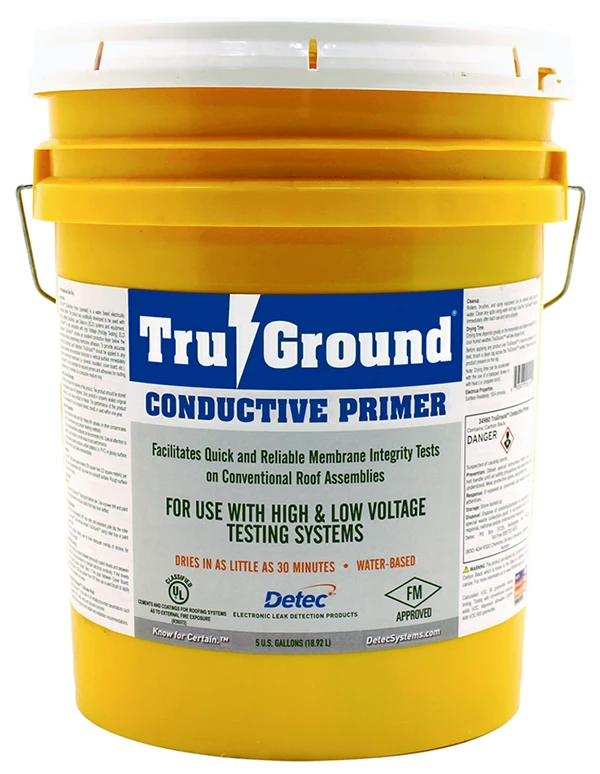 A yellow 5-gallon bucket of TruGround Conductive Primer for membrane integrity tests.