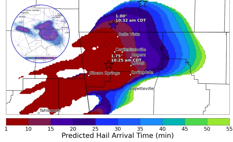 These maps demonstrate the hail predictions generated by FLASH Weather AI.