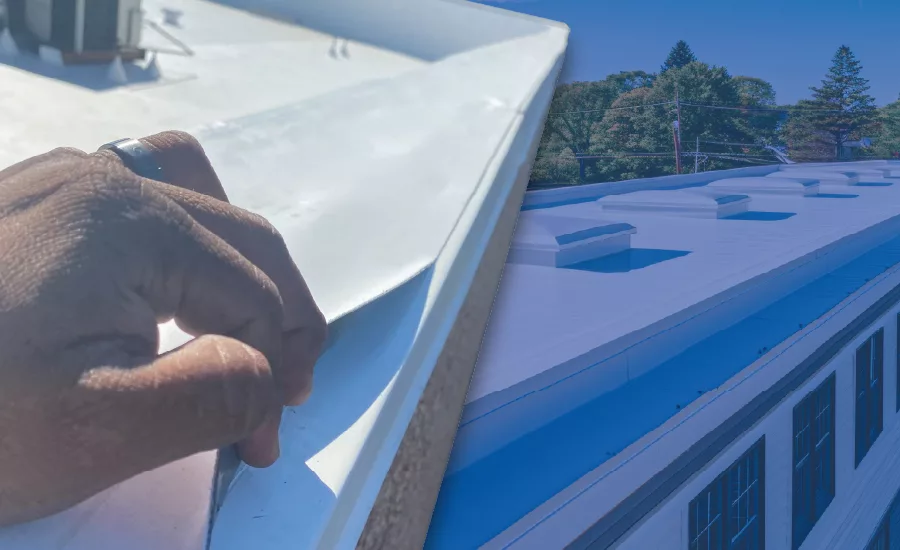 A layeresd image including metal roofing