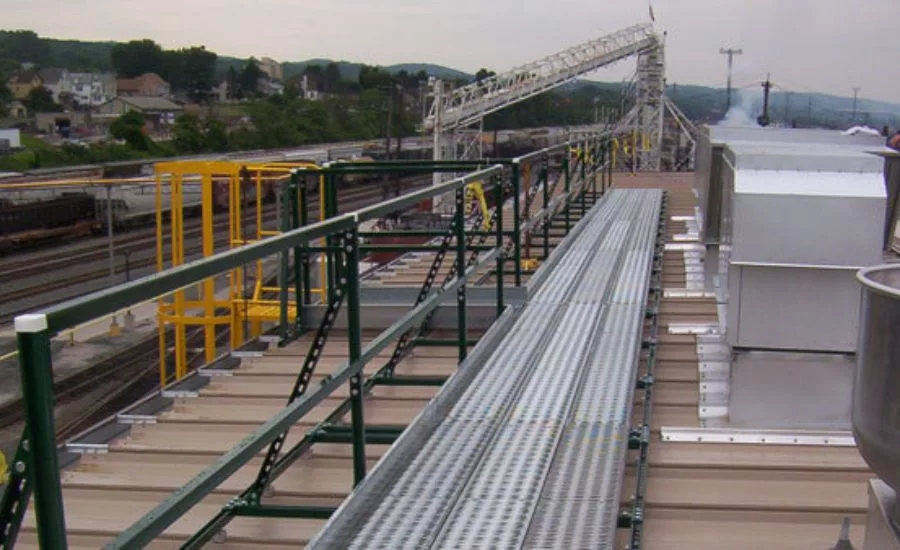 Rooftop walkway and guardrail mounted with S-5! standing seam clamps