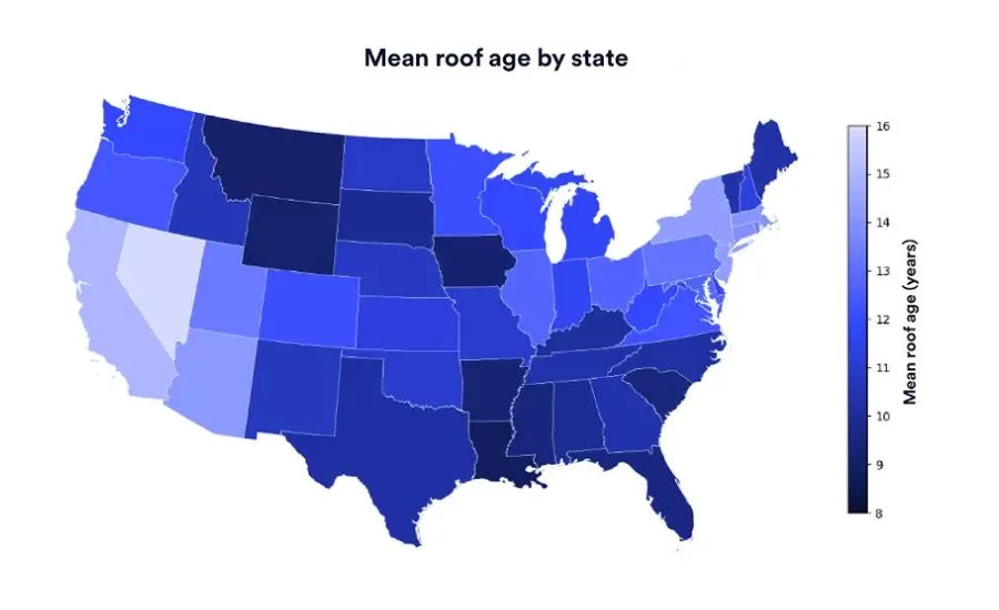 U.S. map of roof age by state