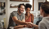 Closing the Deal A young couple happily agrees to buy a new roof because of financing options the roofing contractor was able to offer