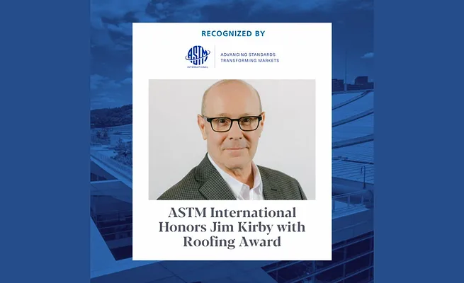 Jim Kirby.png James Kirby heashot on a blue background with ASTM logo and award annoucnement