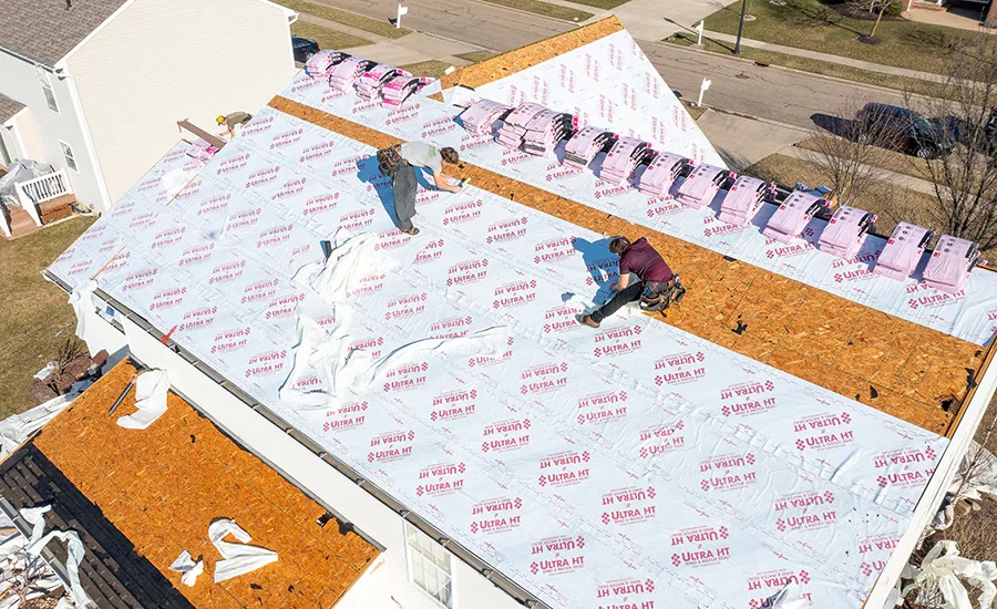 MFM Ultra HT Gains Class A Rating for WUI Roofing Applications An aerial photo of a residential roofing project
