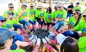 campers in matching striped socks