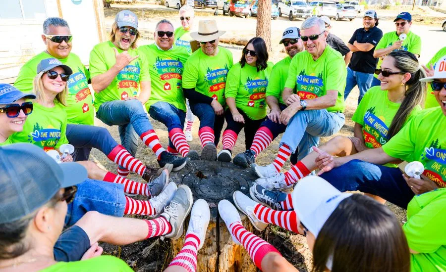 campers in matching striped socks