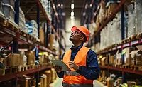 A man in an orange vest check his inventory A man in an orange vest check his inventory