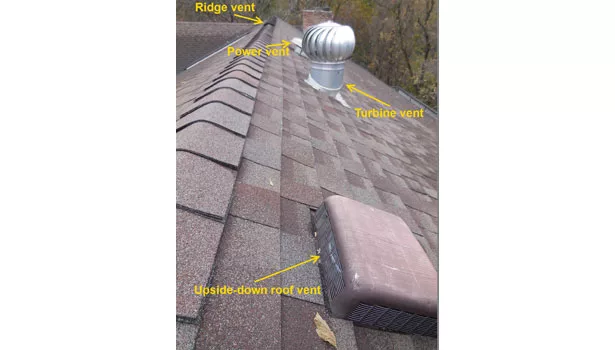 The most common form of ventilation short circuiting occurs when more than one type of exhaust vent system is installed. This roof has four different types of exhaust vents.